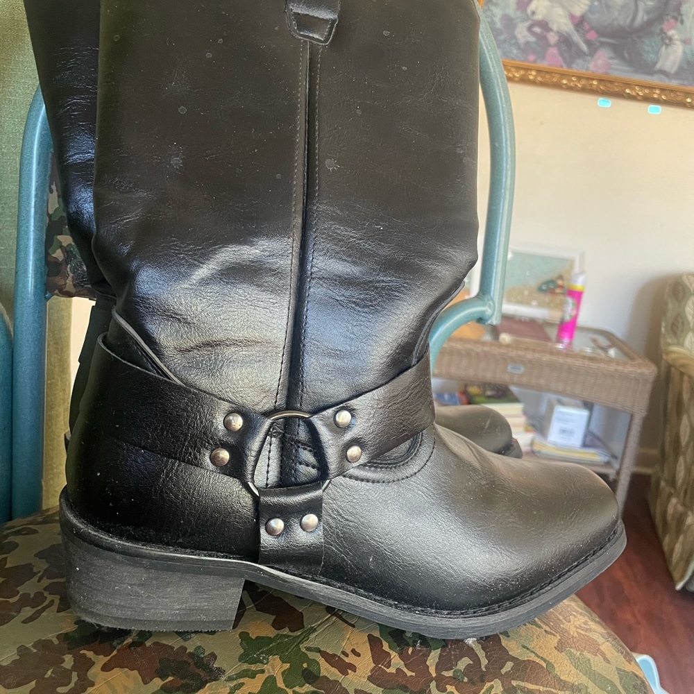 Black Leather Boots with Studded Strap